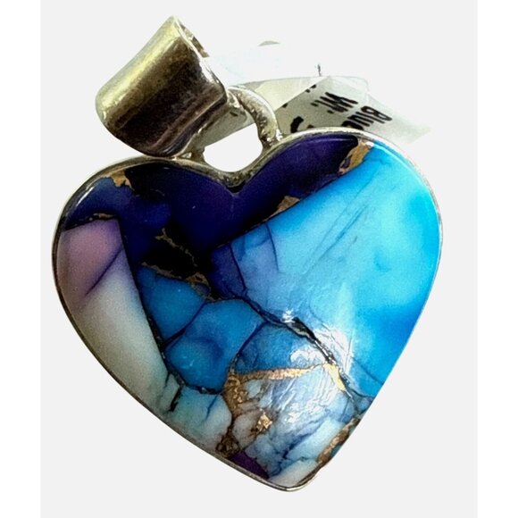 Heart-Shaped Sterling Silver Pendant With Purple Mojave Dahlia & Blue Turquoise - Picture 1 of 4